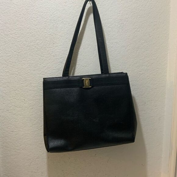 Vintage Salvatore Ferragamo Tote Bag Embossed Leather Black  Authentic - Picture 2 of 16